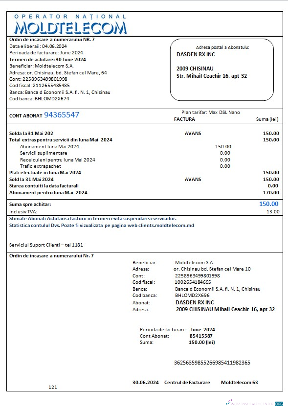 Moldova Moldtelecom business utility bill template in Word and PDF formats, fully editable